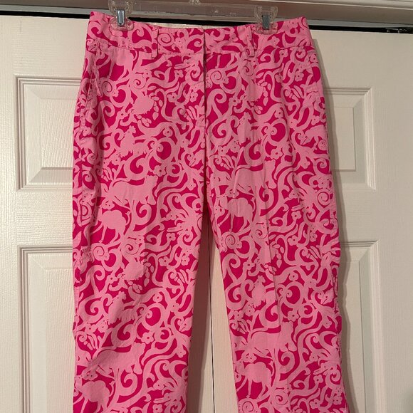 Vintage LILLY PULITZER Sz 8 Pink "7C's" Pattern Cropped Pants White Label - Picture 2 of 8
